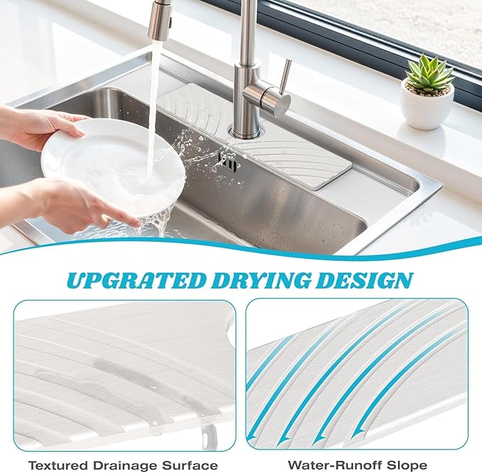 Stone Faucet Mat for Kitchen Sink - Fast Drying Diatomite Stone Drying Mat, Textured Drainage Sink Protector, Water Splash Guard with Base Pads for Bathroom Counter (15.7x4 in, White)