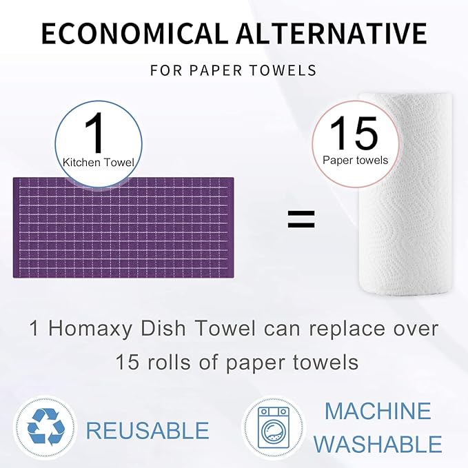 Homaxy 100% Cotton Terry Kitchen Towels(Purple, 13 x 28 inches), Checkered Designed, Soft and Super Absorbent Dish Towels, 5 Pack