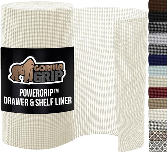 GORILLA GRIP powerGRIP Drawer Shelf and Cabinet Liner, Thick Strong Hold, Non-Adhesive Liners Protect Kitchen Cabinets and Cupboard, Bathroom Drawers, Easy Install, Breathable Mat, 20" x10' Snow White