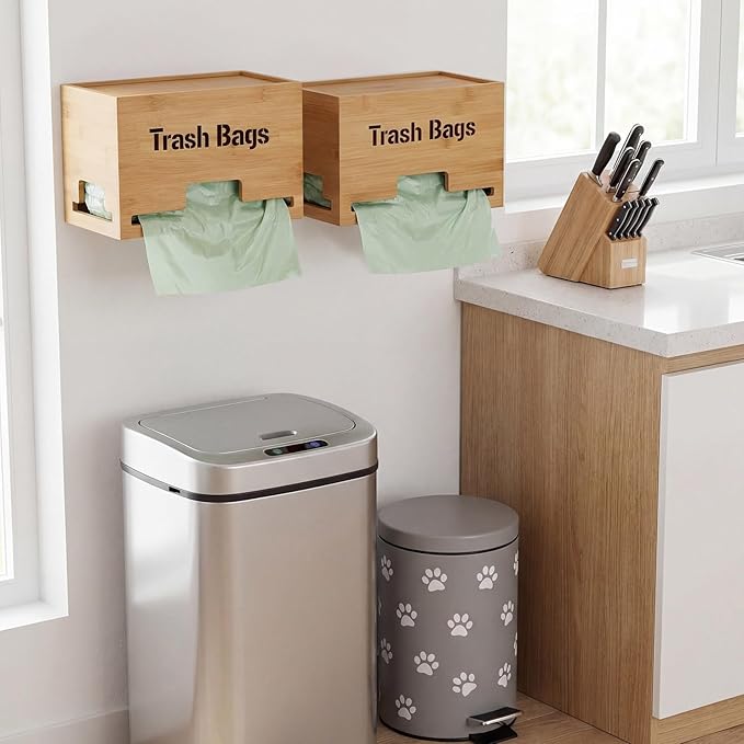Kathfly 2 Pcs Bamboo Trash Bag Holder Dispenser Stackable Garbage Bag Dispenser, Large and Small Size Trash Organizer for Farmhouse Kitchen Laundry Under Sink, Wall Mounted or Freestanding