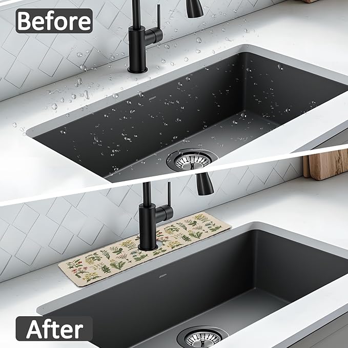 2PCS 15" X 5.5" Kitchen Sink Splash Guard Faucet Mat Floral Super Absorbent Fast Drying Faucet Guard & Draining Mat Sink Splash Guard Behind Faucet for Kitchen, Bathroom