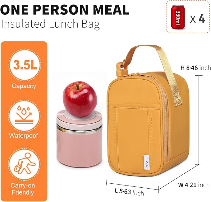 NOL Natural Organic Lifestyle Insulated Lunch Bag for Adult - Snack Bag Lunch Cooler Bag Soft Lunch Tote Bag for Work, Earth-yellow