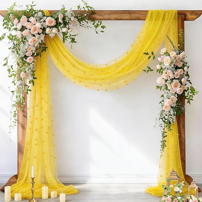 Socomi Pearl Table Runner Yellow Summer Wedding Arch Draping Fabric 19FT Sheer Tulle Chiffon Gauze Cheese Cloth Outdoor Drapes for Birthday Party Baby Shower Bridal Engagement Decor