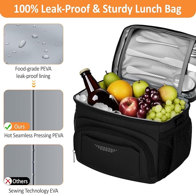 Vankor Large Insulated Lunch Bag for Men Women kids, Reusable Lunch Box kids Leakproof with Adjustable Shoulder Strap for Work Teacher School Picnic Beach Travel, Black