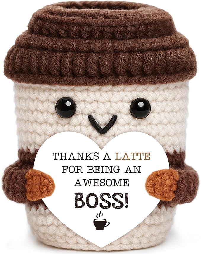 Mini Boss Gifts for Women Men Office Appreciation Gifts for Boss Lady Manager Leader Mentor Supervisor Handmade Crochet Coffee Cup for Retirement Promotion Farewell leaving Going Away Birthday Gift