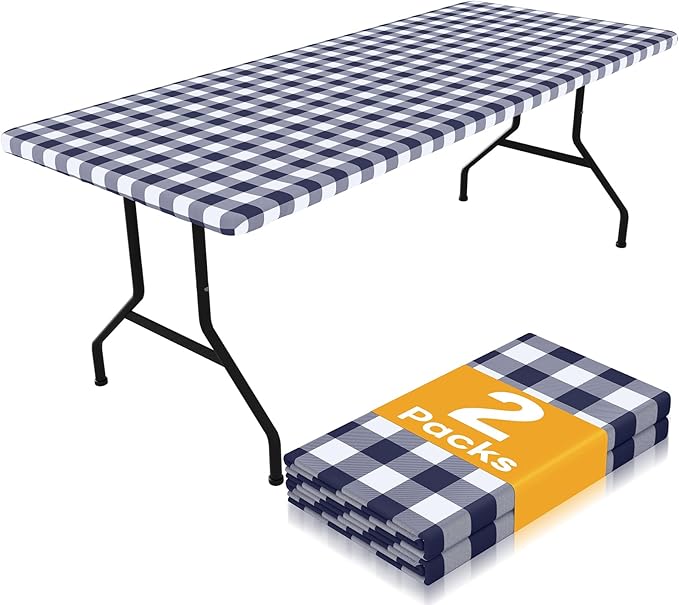 Smiry Picnic Table Cloth 2 Pack, Waterproof Elastic Fitted Tablecloths for 18x72 Rectangle Tables, Washable Polyester Buffalo Plaid Tablecloth for Camping, Dining & Outdoor (Navy & White, 18" x 72")