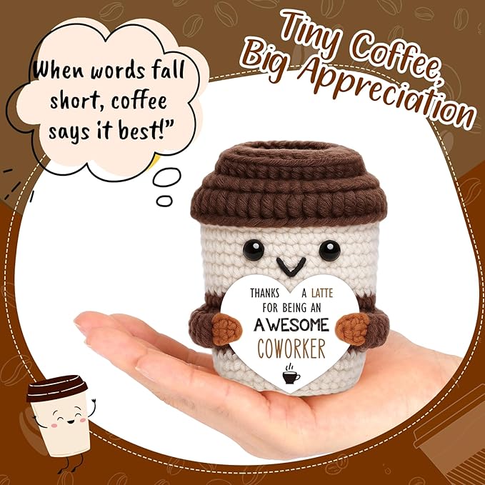 Mini Coworker Gifts for Women Men Handmade Crochet Coffee Cup Leaving Farewell Goodbye Going Away Office Appreciation Gift for Coworkers Work Bestie Team Employee Birthday Promotion Ideas Gift