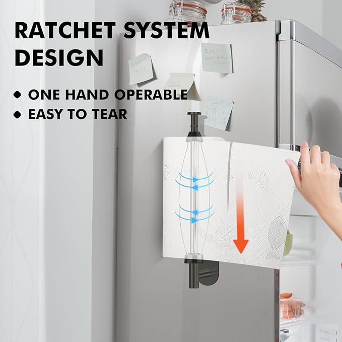 KIHOGEM Magnetic Paper Towel Holder, One Hand Operable Paper Towel Holder Wall Mount Self Adhesive and Strong Magnetic Backing for Kitchen Refrigerator Grill RV(Black)