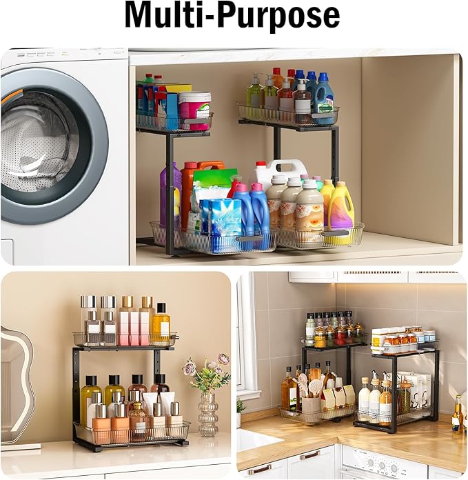 2 Pack Double Sliding Under Sink Organizers and Storage,Two Tier Bathroom Storage and organization,Under Cabinet Organizer, Clear