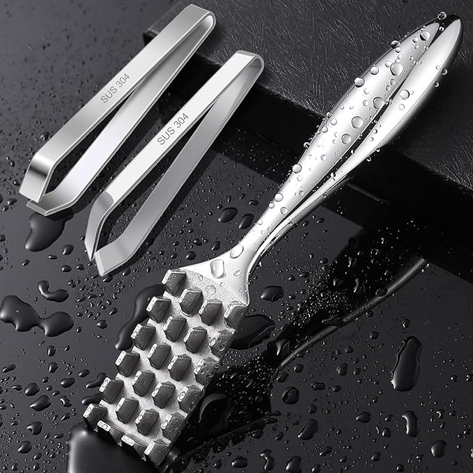 SUCCFLY Fish Scaler Set, Premium Fish Descaler Tool, Stainless Steel Fish Scale Remover with Serrated Sawtooth Ergonomic Handle for Kitchen, Seafood Markets (Fish Scaler + 2 Pack Fish Bone Tweezers)