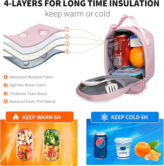 NOL Natural Organic Lifestyle Insulated Lunch Bag for Adult - Snack Bag Lunch Cooler Bag Soft Lunch Tote Bag for Work, Pink