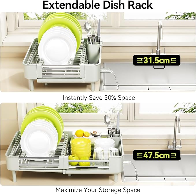 Urackify Extendable Dish Drying Rack, Dual Part Dish Drainers with Non-Scratch and Movable Cutlery Drainer and Drainage Spout, Adjustable Dish Rack for Kitchen, Gray & White