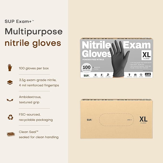 SUP Powder-Free Nitrile Exam Gloves, 100 Count, Food Safe Latex-Free Medical Non-Sterile Cooking Disposable Glove, Black