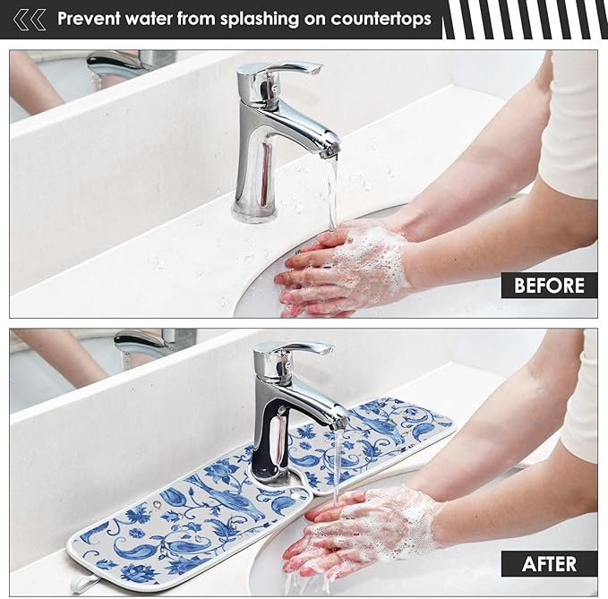 Sink Mat for Faucet Sink Splash Guard Faucet Handle Drip Catcher for Kitchen Bathroom Absorbent Microfiber Dish Drying Mat Blue and White 2pcs