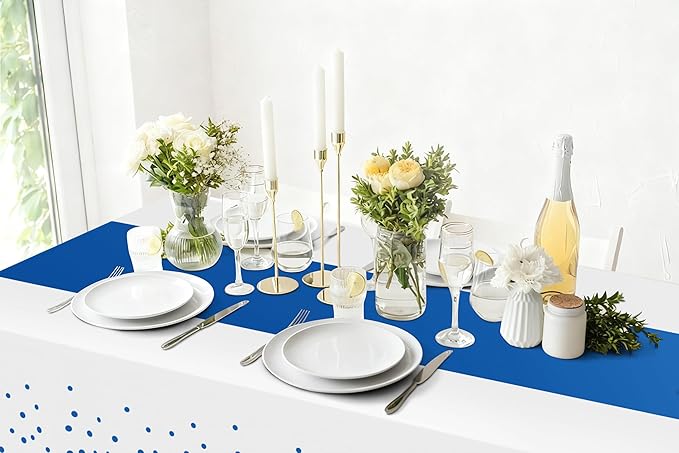 Smiry Plastic Table Cloth Disposable 3 Pack, 54 x 108 Inch Rectangle Waterproof Tablecloth, Printed Gold Table Runner Style for Birthday Weeding, Party Decorations, Leakproof & Sturdy, White and Blue