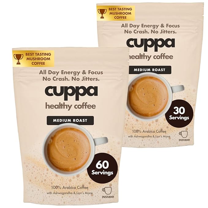 Cuppa Coffee - Great tasting medium roast with mushrooms, adaptogens & superfoods - Lion's Mane, Ashwagandha, Cordyceps, MCT, Prebiotic Fiber & L-Theanine. Supports natural energy & better mental focus, overall well-being + a happier gut (90 Servings, ...