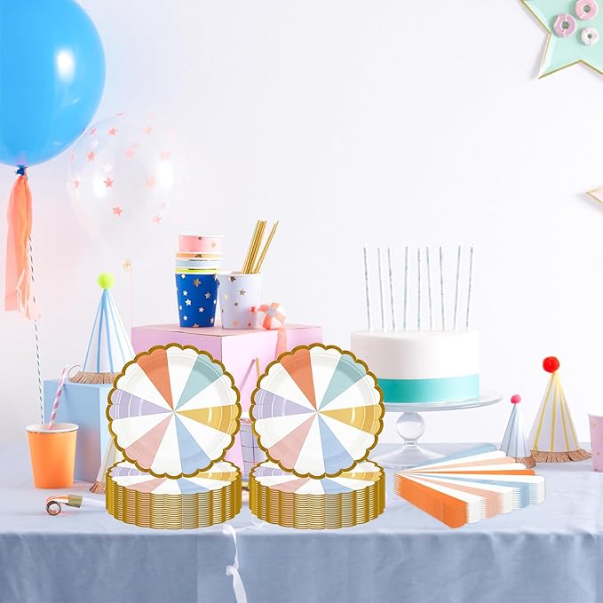 50PCS Colorful Striped Paper Plates and Napkins Party Supplies, 7 inch Disposable Gold Foil Scalloped Dessert Plate Pastel Party's Favors for Birthday Wedding Bachelorette Candy Party Decorations
