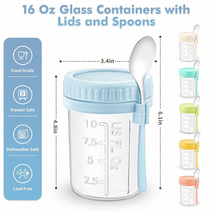 DRKIO 6 Pack Overnight Oats Containers with Lids and Spoons 16 Oz Glass Mason Jars for Overnight Oats Leak Proof Oatmeal Container Great for Cereal Fruit Vegetable Milk Salad Yogurt Meal Prep