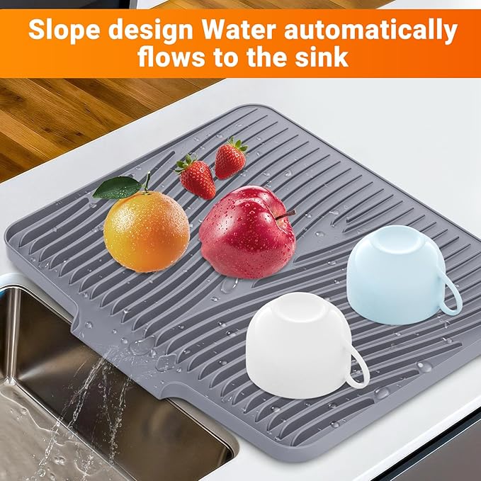 Silicone Dish Drying Mat for Kitchen Counter, Non-Slip Drain Pad, Dish Drying Pad, Easy to Clean Dish Rack Pad, Multi-Use as Heat Resistant Trivet, 15.8" x 13" , Grey