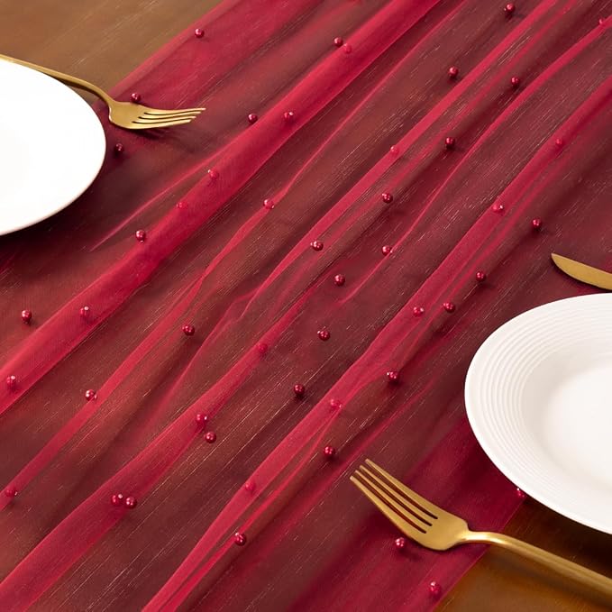 Socomi Pearl Table Runner Tulle Red Summer Cheesecloth 10FT Gauze Cheese Cloth Sheer Chiffon Dining Wedding Birthday Party Baby Shower Bridal Anniversary Holiday Centerpiece Table Decor