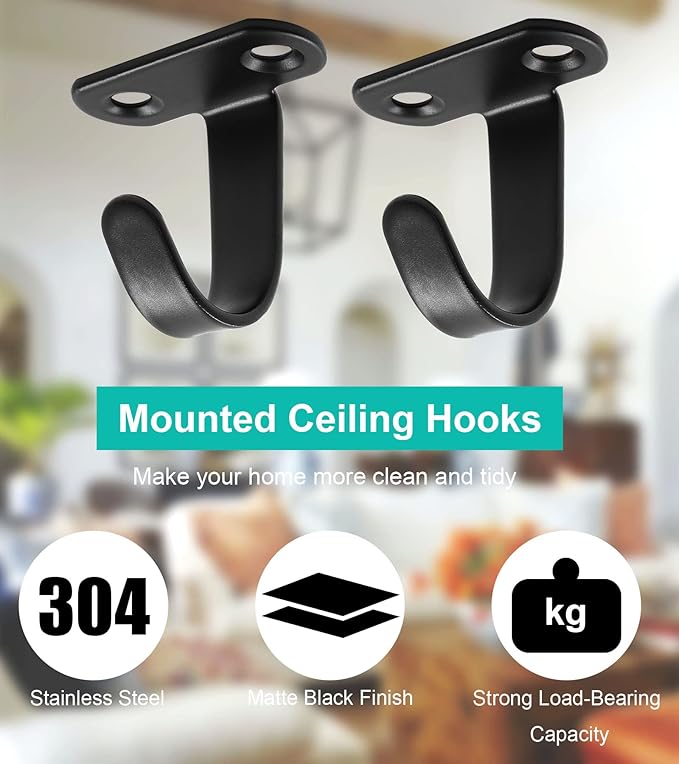 12Pcs Screw Mount Ceiling Hooks Stainless Steel Under-Shelf Towel Hook Heavy Duty Coat Hook Hanger for Kitchen, Cupboard, Cabinet, Bathroom (Matte Black)