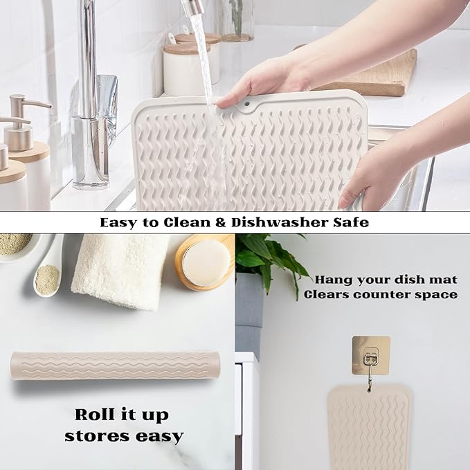 ZLR Silicone Dish Drying Mat 12" x 12" Square - Small Heat Resistant Trivet & Countertop Protector for Air Fryer, Coffee Maker - Waterproof Kitchen Drain Pad for Cups, Fruit (Cassava White)