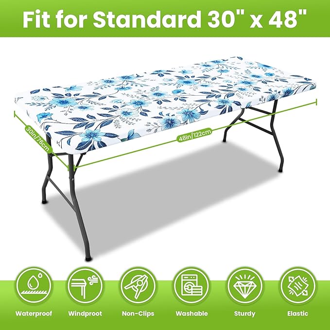 Smiry Spandex Fitted Tablecloth for 4 Foot Rectangle Tables, Washable Picnic Table Cover with Elastic, Stretch Reusable Table Cloth for Outdoor, Camping, Dining & Kitchen (Blue Flower, 30"x48")