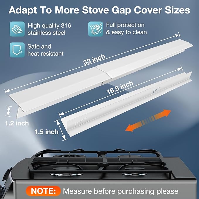 16.5"-33" Stove Counter Gap Covers, Stainless Steel Stove Gap Guard, Cooktop Trim Kit, Stove Gap Guards, Oven Gap Filler, Heat Resistant & Effectively Protect Stove Gap Filler,White(2PCS)