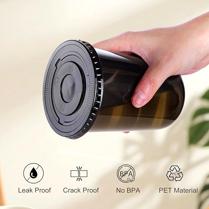 tchrules 100 Set 16oz Plastic Cups with Lids and Straws, Disposable Black Clear Iced Coffee Cup with Lid, Round Bottom Plastic To Go Cups for Cold Drinks Slushie Smoothie Soda Bar Party Shop Supplies