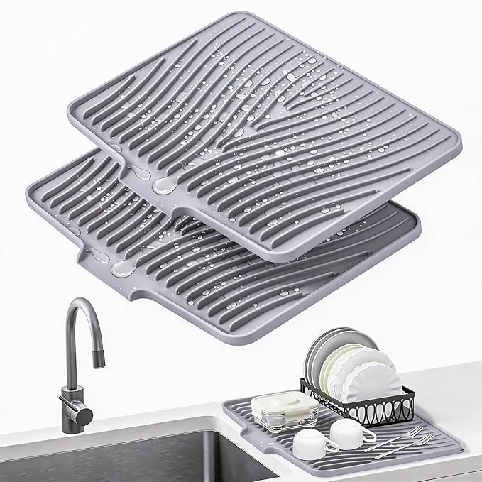 Silicone Dish Drying Mat, Stone Drying Mat for Kitchen Counter with Built-In Drain, Non-Slip Drain Pad with Built-in Drain, Heat Resistant Stone Drying Mat, Hangable, Grey-2pcs, 16" x 12"