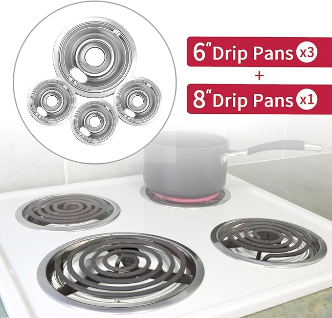 4-Piece Drip Pans Set - Compatible with GE Stoves - Chrome Finish Electric Stove Burner Drip Pans - 3 x 6inch, 1 x 8inch Stove Drip Pans - GE Stove Drip