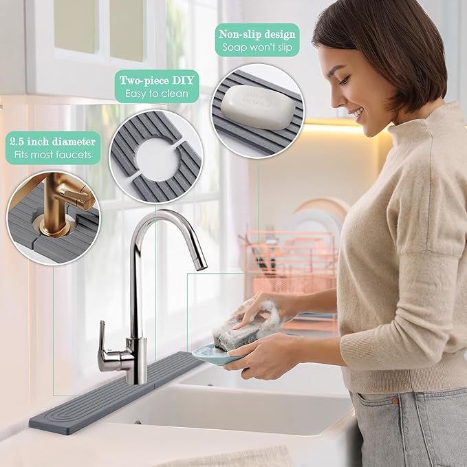 Stone Faucet Mat for Kitchen Sink, Diatomite Drying Stone Tray & Sink Protector, Water-Absorbing Splash Guard, Prevent Moisture on Kitchen & Bathroom Counter (Dark Gray,23.6" x 3.9")