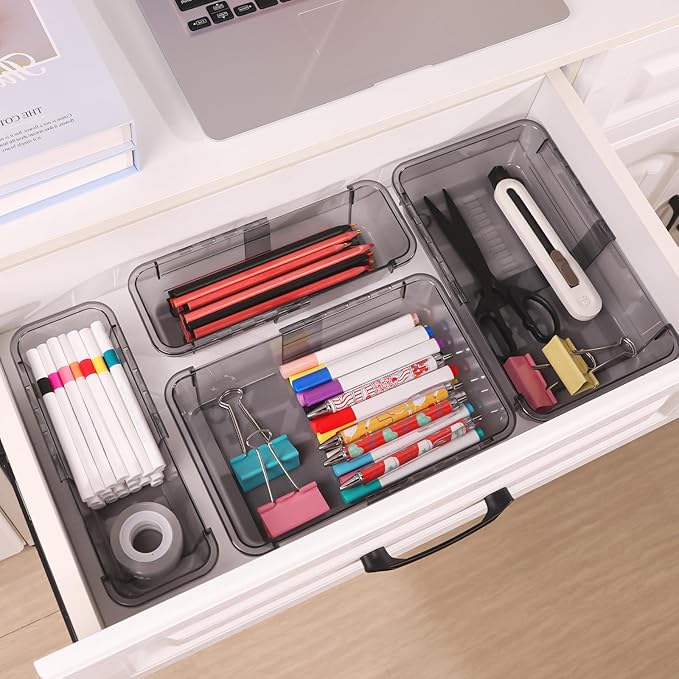 15 Pcs Extendable Clear Drawer Organizer, All Adjustable Vanity Storage Box, 2-Size Desk Drawer Organizer, Acrylic Storage Bins for Makeup, Bedroom Dressers Tool Organizer for Gadgets, Black