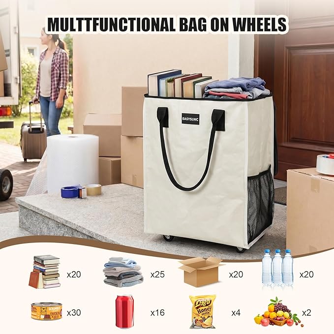 Reusable Hauler Rolling Tote Bag, Collapsible Portable Shopping Cart with Wheels for Groceries, Apartments Laundry, Organization, Heavy Duty Utility Tote, Travel and Moving, 75lbs, Beige