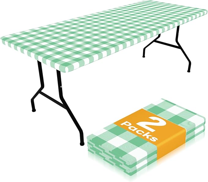 Smiry Picnic Table Cloth 2 Pack, Waterproof Elastic Fitted Tablecloths for 8FT Rectangle Tables, Washable Polyester Buffalo Plaid Tablecloth for Camping & Outdoor (Sage Green & White, 30" x 96")
