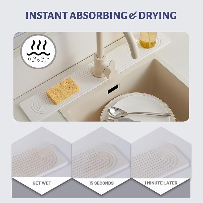 Stone Faucet Mat for Kitchen Sink，Super Absorbent Diatomite Fast Drying Stone and Bathroom Stone Tray for Counter Quick Drying Splash Guard,Prevents Moisture Buildup Sink(White,23.6" x 3.9")