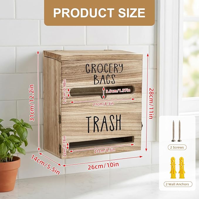 2 in 1 Trash Bag Dispenser, Double Wall Mounted,Wood Trash Bag Holder, used in kitchen, garage, laundry room, can store Environmentally friendly food bags (White/Brown(10inch*5.5inch*12.2inch）)