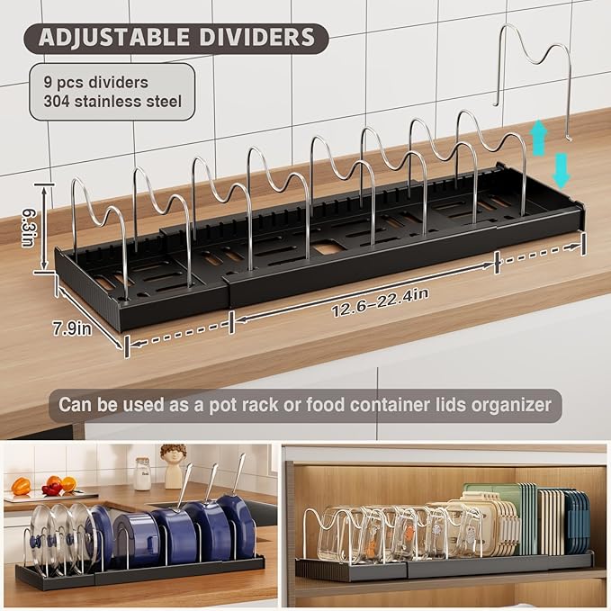 2 Pack Expandable Food Storage Container Lid Organizers, 22" Pots and Pans Organizer Under Cabinet with 9 Adjustable Dividers Pot and Pan Lid Holders Rack Inside Cabinet(Black)