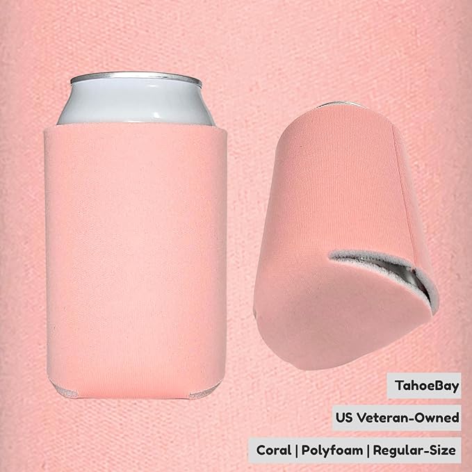 TahoeBay Bulk Blank Beer Can Cooler Sleeves (50-Pack) Sublimation Blanks for Vinyl Plain Soft Foam Can Sleeves Coolers for Soda Cans & Bottles Black, White, Assorted Solid Color (Coral)