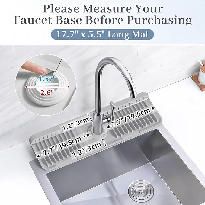 PoYang 17.7 inch Faucet Mat for Kitchen Sink Splash Guard, 7° Slope Silicone Sink Water Splash Guard for Kitchen Sink Area with Snap, Long Sink Protectors for kitchen Sink Sponge Holder, Light Grey