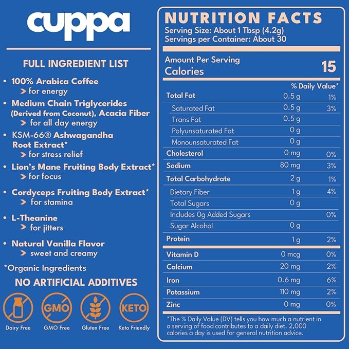 Cuppa French Vanilla Coffee - Great tasting medium roast with mushrooms, adaptogens & superfoods - Lion's Mane, Ashwagandha, Cordyceps, MCT, Prebiotic Fiber & L-Theanine. Supports natural energy & better mental focus, overall well-being + a happier gut...