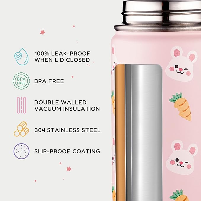 Fijinhom 12oz Water Bottle for School, Bottles with Straws, Stainless Steel Vacuum Insulated Water Bottle, Leak-Proof, BPA-Free, Pink Rabbit