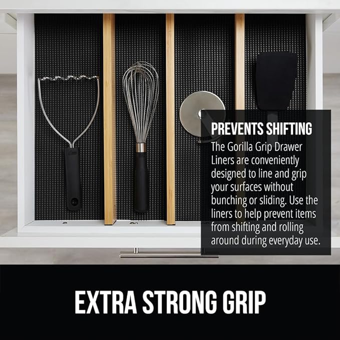 GORILLA GRIP powerGRIP Drawer Shelf and Cabinet Liner, Thick Strong Hold, Non-Adhesive Liners Protect Kitchen Cabinets and Cupboard, Bathroom Drawers, Easy Install, Breathable Mat, 20" x10', Black