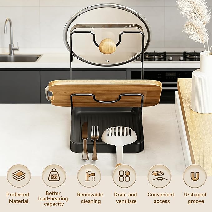 Kitchen Pot Lid Storage Rack, 2-Tier Lids Holder with Detachable Drip Tray for Mess-Free Cooking, Versatile Countertop Organizer for Cutting Boards, Ladles and Pan Covers