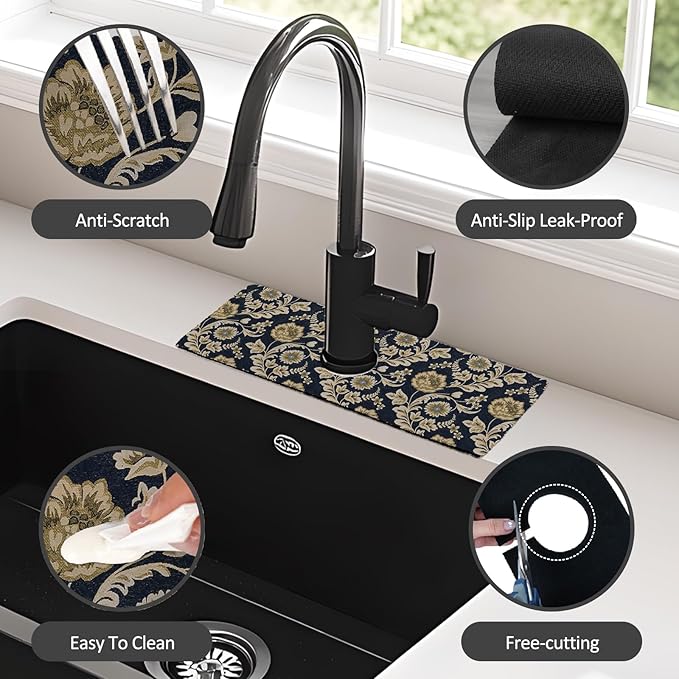 15" X 5.5" Kitchen Sink Splash Guard Faucet Mat Floral Flower Super Absorbent Fast Drying Faucet Guard & Draining Mat Sink Splash Guard Behind Faucet for Kitchen, Bathroom