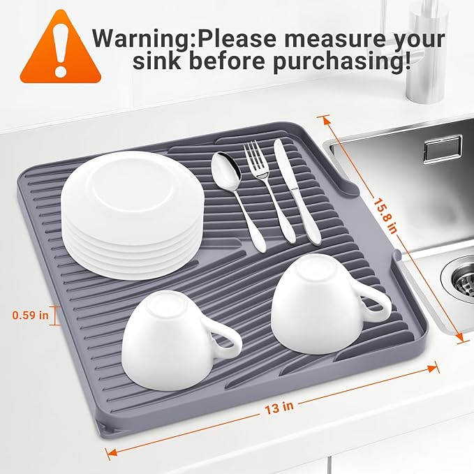 Silicone Dish Drying Mat for Kitchen Counter, Dish Drying Pad, Non-Slip Drain Pad with Built-in Drain, Heat Resistant Stone Drying Mat,Grey-2pcs