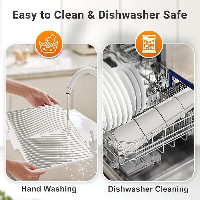 Silicone Dish Drying Mat for Kitchen Counter, Dish Drying Pad, Non-Slip Drain Pad with Built-in Drain, Heat Resistant Stone Drying Mat,Cream, 2pcs-XL
