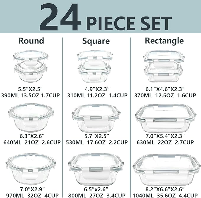 12 Pack Glass Lunch Meal Prep Containers with Lids Airtight Leakproof, Stackable for Microwave, Oven, Freezer and Dishwasher Safe (White)