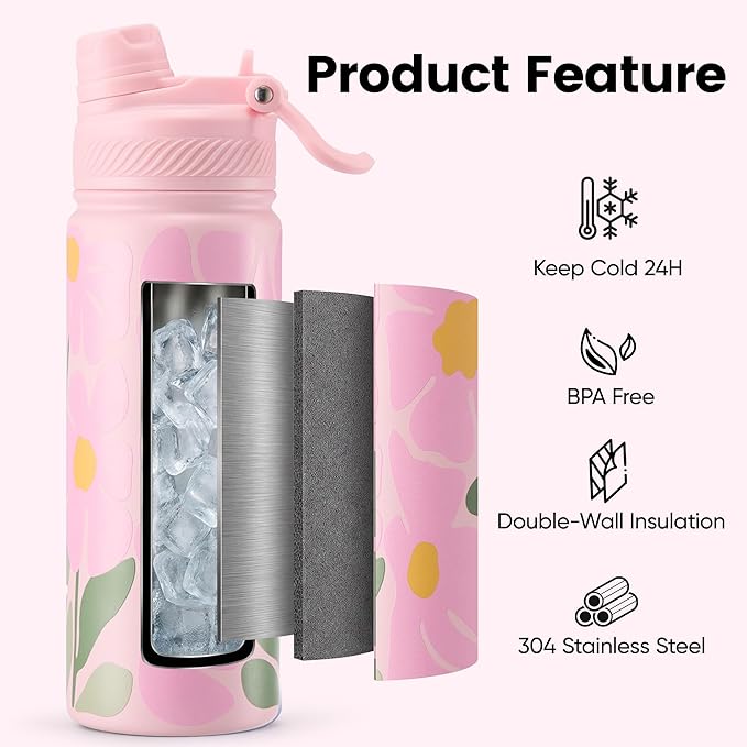 Fijinhom 18 oz Insulated Water Bottle, 2-in-1 Straw and Spout Lid Stainless Steel Thermos, Leak-Proof, Double Wall Vacuum Flask, Keep Cold 24H for Outdoor, Sports, Travel, School (Flower)