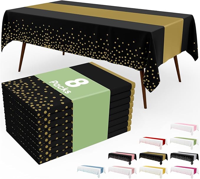 Smiry Plastic Table Cloth Disposable 8 Pack, 54 x 108 Inch Rectangle Waterproof Tablecloth, Printed Gold Table Runner Style for Birthday Weeding, Party Decorations, Leakproof & Sturdy, Black and Gold